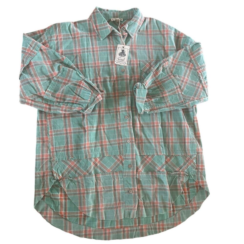 Easel Los Angeles Womens L Plaid Oversized Button Shirt green Coral NWT Boho